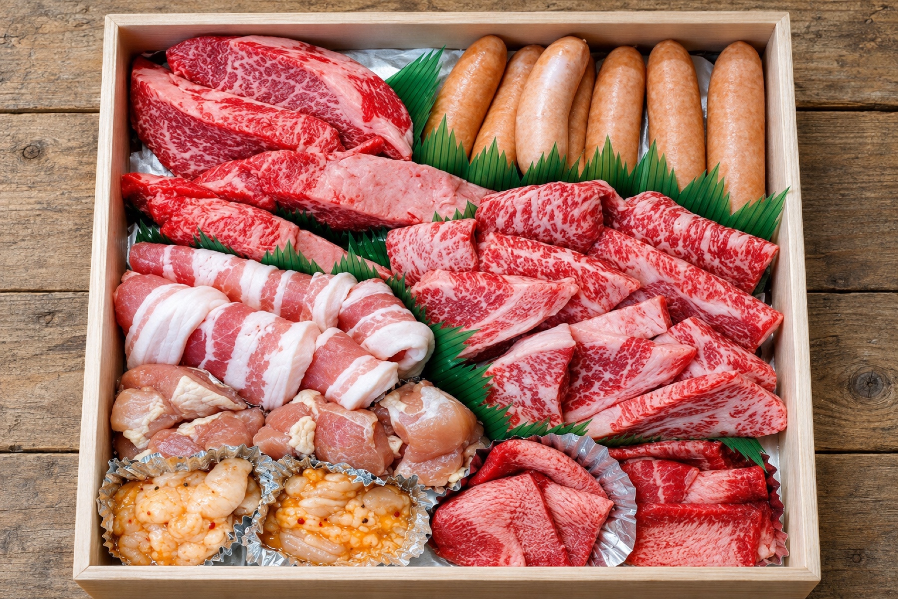 白木の箱に並べられた、霜降りの和牛を主役にした焼肉の盛り合わせ