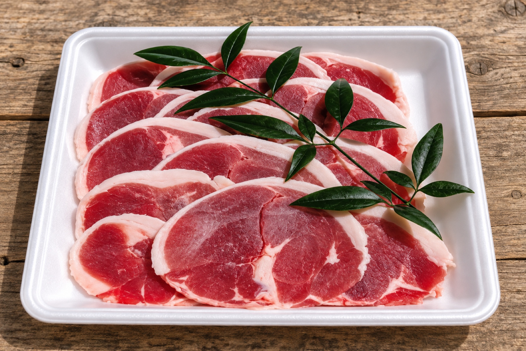 白いトレーに扇状に並べられた猪肉の薄切りと、添えられた緑の小枝