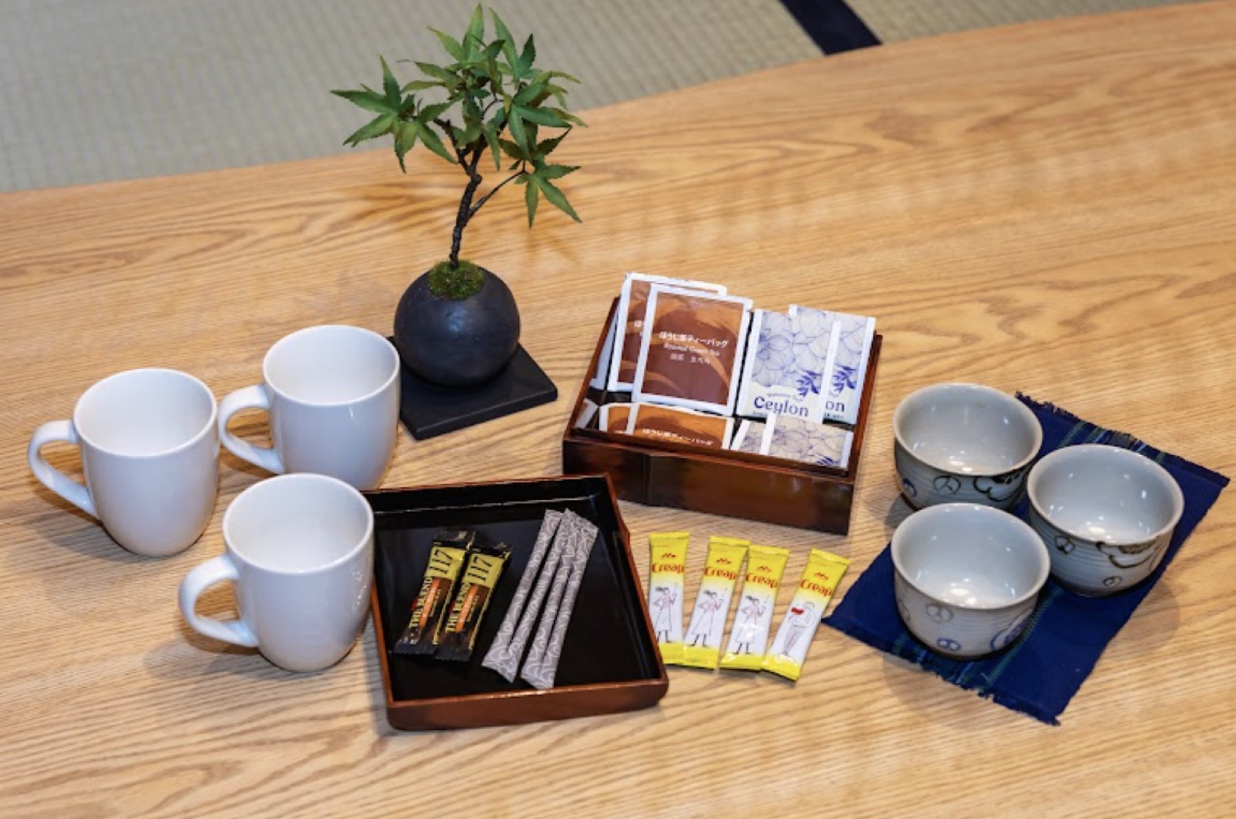 木のテーブルに置かれたマグカップと湯呑み、茶葉の入った盆と小さな盆栽